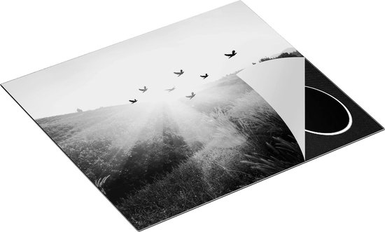Chefcare Inductie Beschermer Silhouet Zwerm Vogels bij Zonsondergang - Zwart Wit - 60x50 cm - Afdekplaat Inductie - Kookplaat Beschermer - Inductie Mat