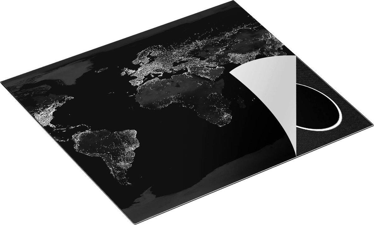 Chefcare Inductie Beschermer Wereldkaart met Licht Observaties - Zwart Wit - 60x50 cm - Afdekplaat Inductie - Kookplaat Beschermer - Inductie Mat