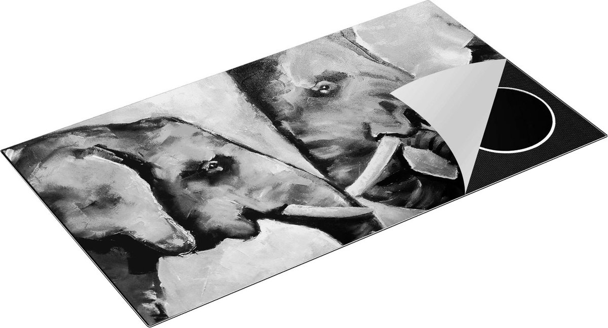 Chefcare Inductie Beschermer Twee Getekende Olifanten - Abstract - Zwart Wit - 95x55 cm - Afdekplaat Inductie - Kookplaat Beschermer - Inductie Mat