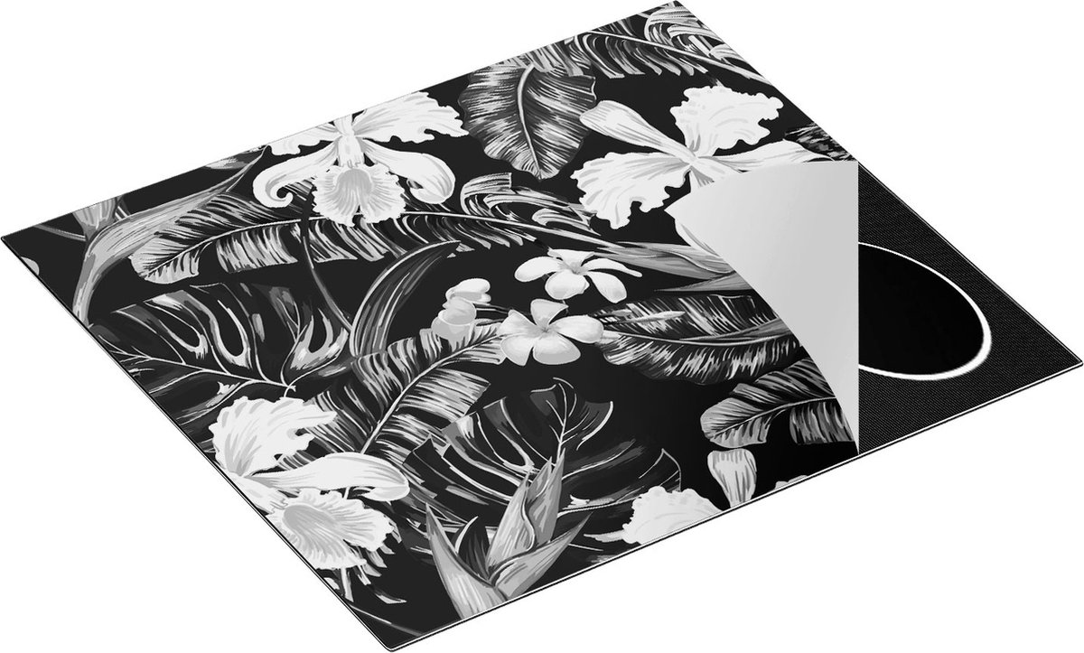 Chefcare Inductie Beschermer Getekende Tropische Bloemen - Abstract - Zwart Wit - 60x55 cm - Afdekplaat Inductie - Kookplaat Beschermer - Inductie Mat