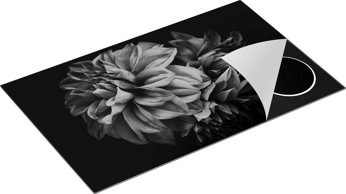 Chefcare Inductie Beschermer Rode Dahlia Bloemen - Zwart Wit - 85x50 cm - Afdekplaat Inductie - Kookplaat Beschermer - Inductie Mat