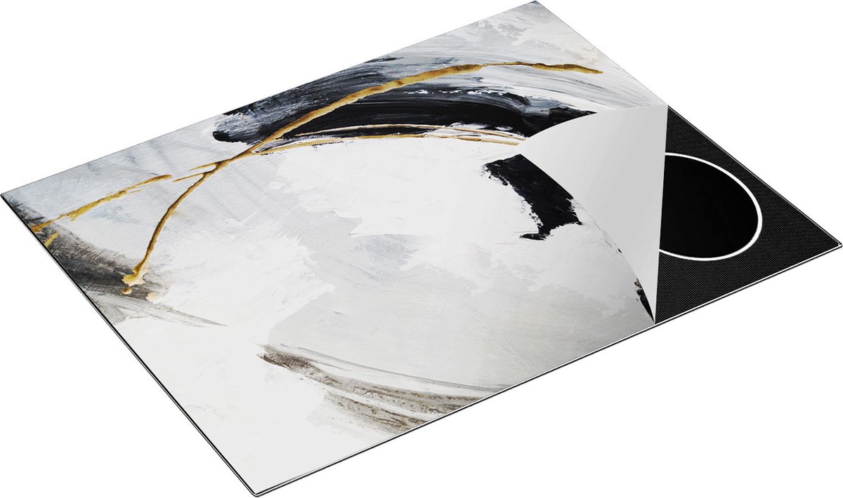 Chefcare Inductie Beschermer Abstracte Kunst - Wit met Zwart en Goud - 77x59 cm - Afdekplaat Inductie - Kookplaat Beschermer - Inductie Mat