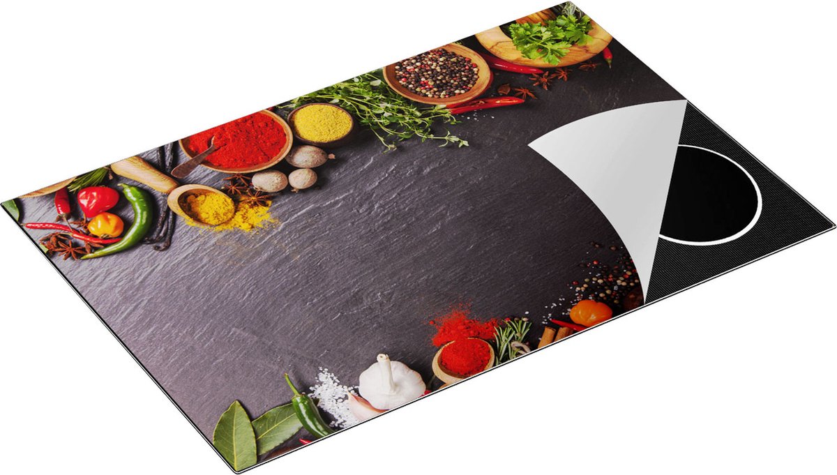 Chefcare Inductie Beschermer Verschillende Kruiden op een Zwarte Tafel - 78x52 cm - Afdekplaat Inductie - Kookplaat Beschermer - Inductie Mat