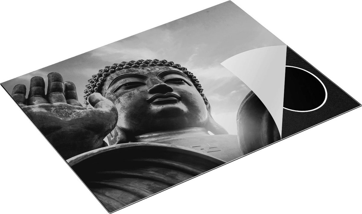 Chefcare Inductie Beschermer Groot Boeddha Standbeeld van Dichtbij - Zwart Wit - 77x59 cm - Afdekplaat Inductie - Kookplaat Beschermer - Inductie Mat