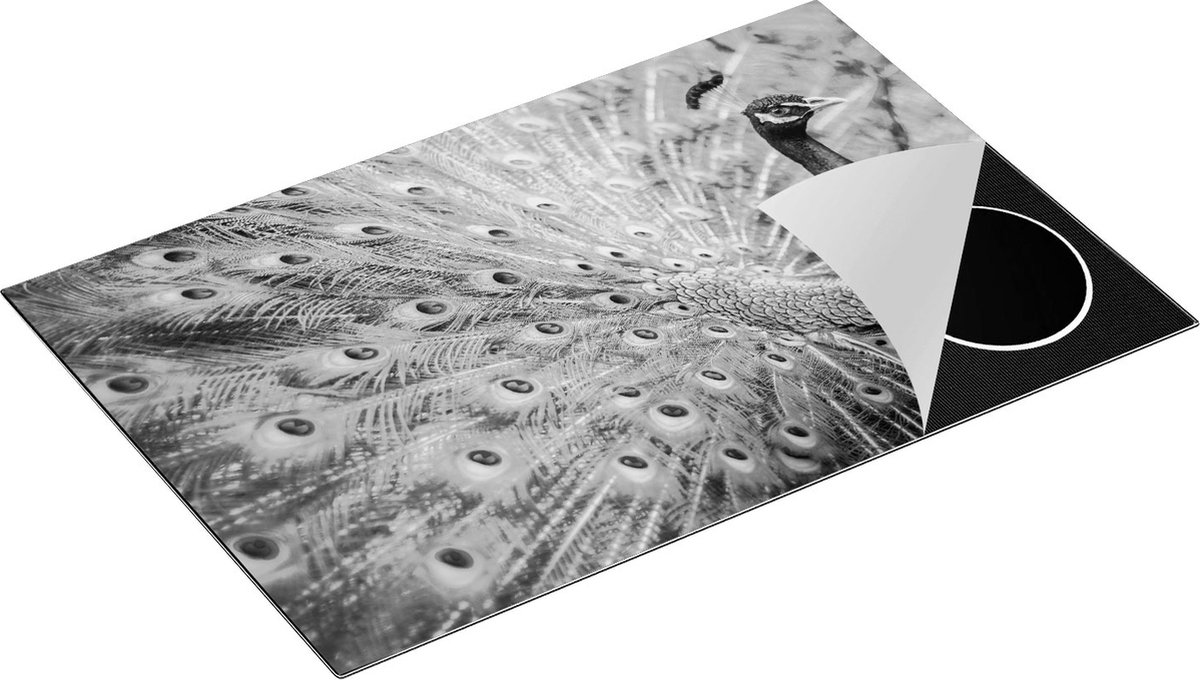 Chefcare Inductie Beschermer Pauw met Kleurrijke Veren - Zwart Wit - 83x51,5 cm - Afdekplaat Inductie - Kookplaat Beschermer - Inductie Mat