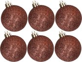 6x stuks kunststof glitter kerstballen donkerbruin 6 cm - Onbreekbare kerstballen - Kerstversiering
