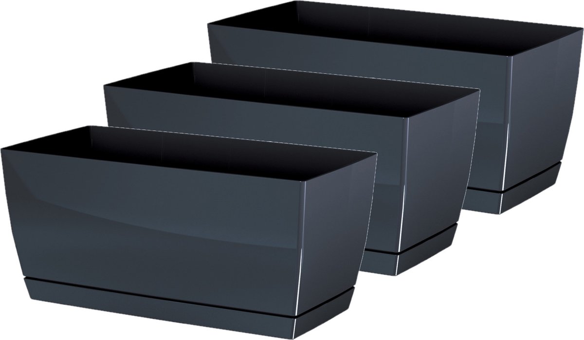 Prosperplast Plantenpot/bloempot met opvangschaal - 3x - kunststof - antraciet 29 x 14 x 14 cm - binnen/buiten