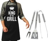 Ensemble d'ustensiles de barbecue 3 pièces en acier inoxydable - Avec tablier de BBQ noir King of the grill - Cadeau de la Vaderdag