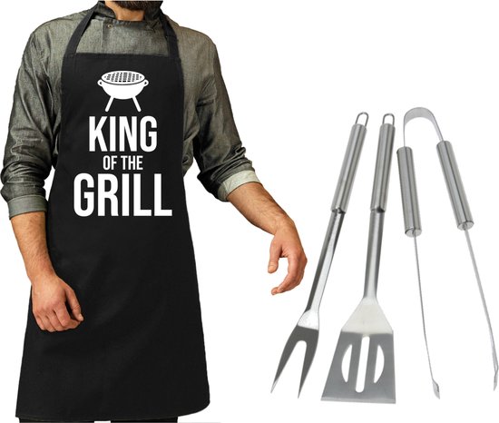 Barbecue gereedschap set 3-delig RVS - Met zwart BBQ schort King of the grill - Vaderdag cadeau