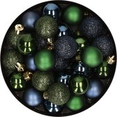 28x stuks kunststof kerstballen donkergroen en donkerblauw mix 3 cm - Kerstboomversiering