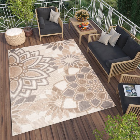 Tapiso Tapis de Patio Pour Intérieur et Extérieur Terrasse Crème Imprimé Floral Effet 3D Moderne Sisal Pratique De Haute Qualité Durable Tapis Taille - 140 x 200 cm
