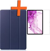 Hoes Geschikt voor Samsung Galaxy Tab S8 Ultra Hoes Tri-fold Tablet Hoesje Case Met Screenprotector - Hoesje Geschikt voor Samsung Tab S8 Ultra Hoesje Hardcover Bookcase - Donkerblauw.