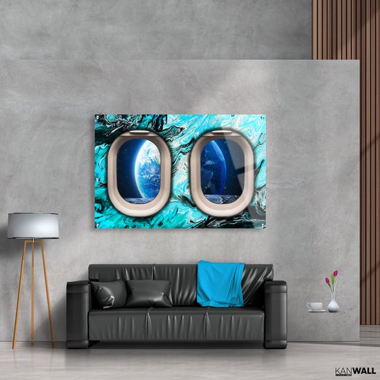 Tableau Plexiglas Luxe Fenêtre Avion Blauw | 40 x 60 | Salle de séjour | Chambre à coucher | Bureau | Musique | Design | Art | Moderne | ** 5 MM D'ÉPAISSEUR **