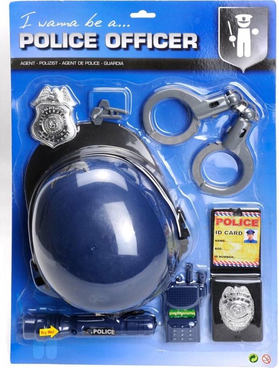 Politieagent speelgoedset in verpakking: blauwe helm, handboeien, portofoon, zaklamp, badge en ID-kaart.