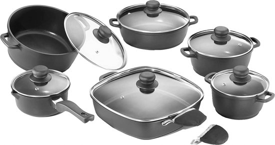 Pannenset (gegoten aluminium, 12-delig, Teflon Classic-antiaanbaklaag, incl. glazen deksel en 2 thermogrips) zwart