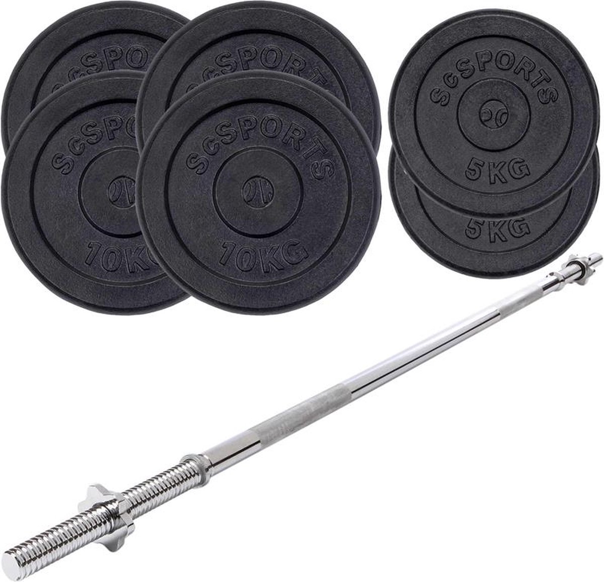 Lange halterset van 1,6 m halterstang met 25 kg gewichten (2 x 2,5 kg, 4 x 5 kg) en sluitingen