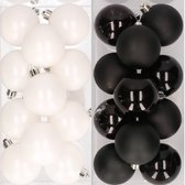24x stuks kunststof kerstballen zwart en wit 6 cm - Kerstversiering/kerstboomversiering