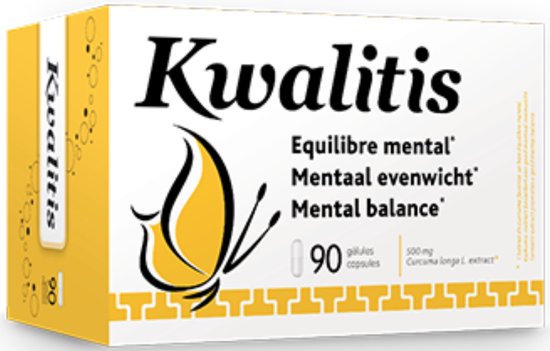 Gele en witte verpakking van Kwalitis met 90 capsules, "Mentaal evenwicht" en een gele vlinder.