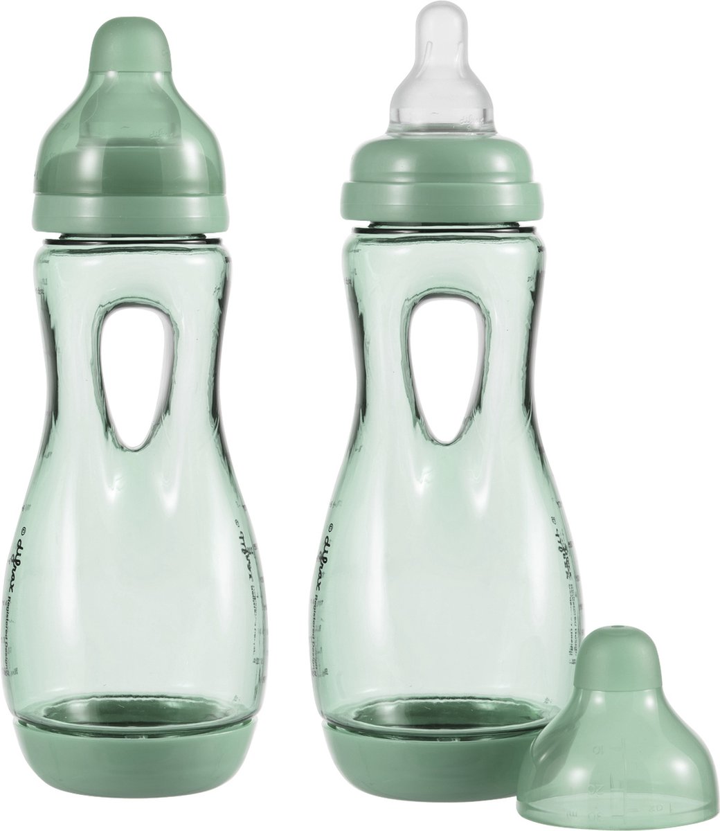 Goedkoopste Difrax Handgreep Babyfles 240 ml Natural - S-Fles - Anti-Colic - Groen - 2 st.