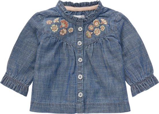 Denim blouse met geborduurde bloemen op de borst, knoopjes en ruches aan de mouwen.
