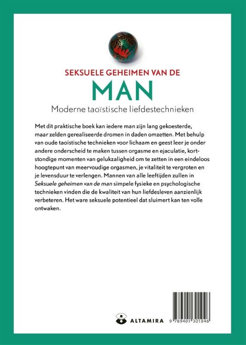 Achterkant boek 'Seksuele geheimen van de man' met een groene bal en beschrijving.