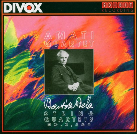 Albumhoes van Divox met Amati Kwartet, Béla Bartók, strijkkwartetten 3, 4 & 6. Met portret van een man in pak.