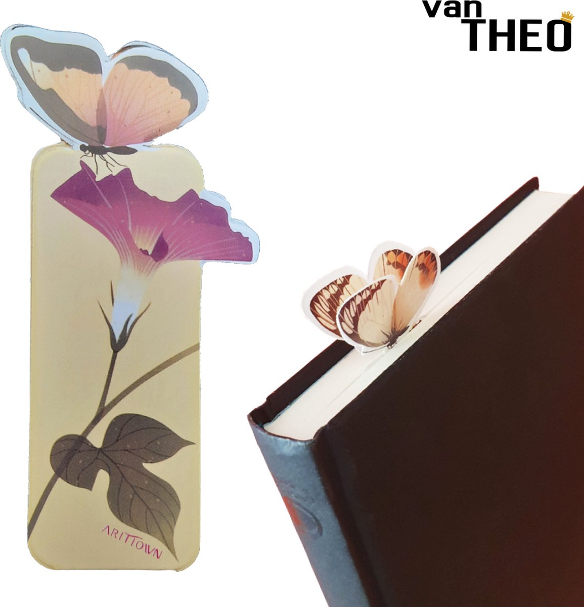 van Theo® Boekenlegger Vlinder & Bloem – Bladwijzer - Bookmark – Kaartje – Iris - Kleine Cadeautjes
