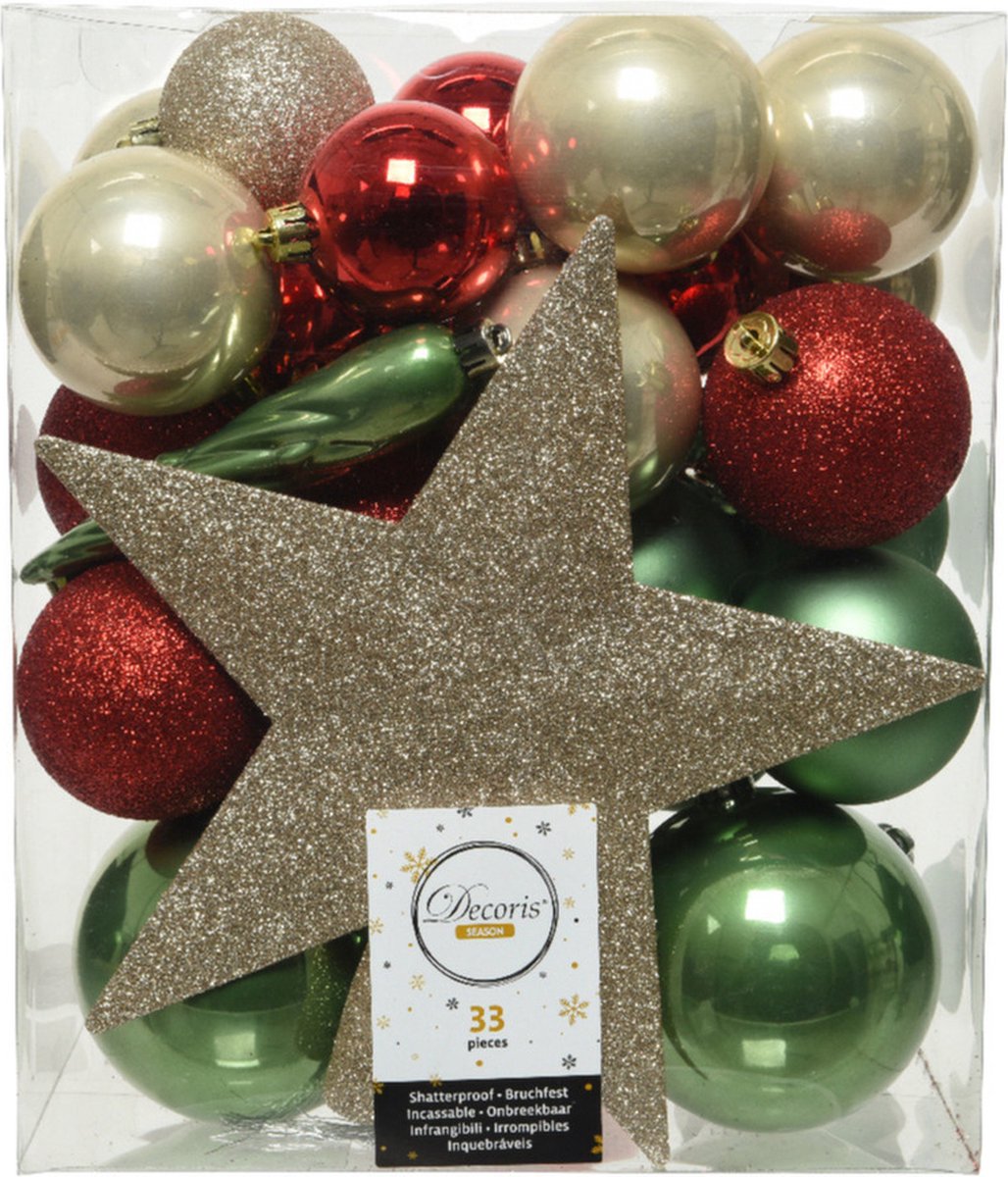 Decoris kerstballen set met champagne, rood en groen, inclusief piek - kunststof.