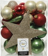 Decoris kerstballen - 33x st incl. ster piek - champagne/rood/groen - kunststof - kerstversiering