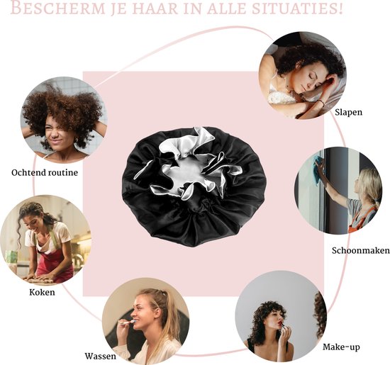 Collage met een centraal geplaatste zwarte satijnen slaapmuts, omringd door beelden van vrouwen die slapen, schoonmaken, make-up doen, tanden poetsen, koken en hun ochtendroutine doen.