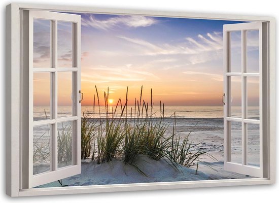 Foto: Trend24 canvas schilderij raam met uitzicht op het strand schilderijen landschappen 90x60x2 cm meerkleurig