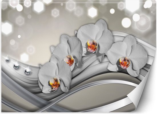 Trend24 - Behang - Orchideeën & Golven - Behangpapier - Fotobehang 3D - Behang Woonkamer - 300x210x2 cm - Incl. behanglijm