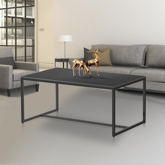 Set Van Rechthoekige Salontafel 100x70x33,5cm En 1 Bijzettafel 32x32x50cm Mdf Marmeren Fineer Oppervlak