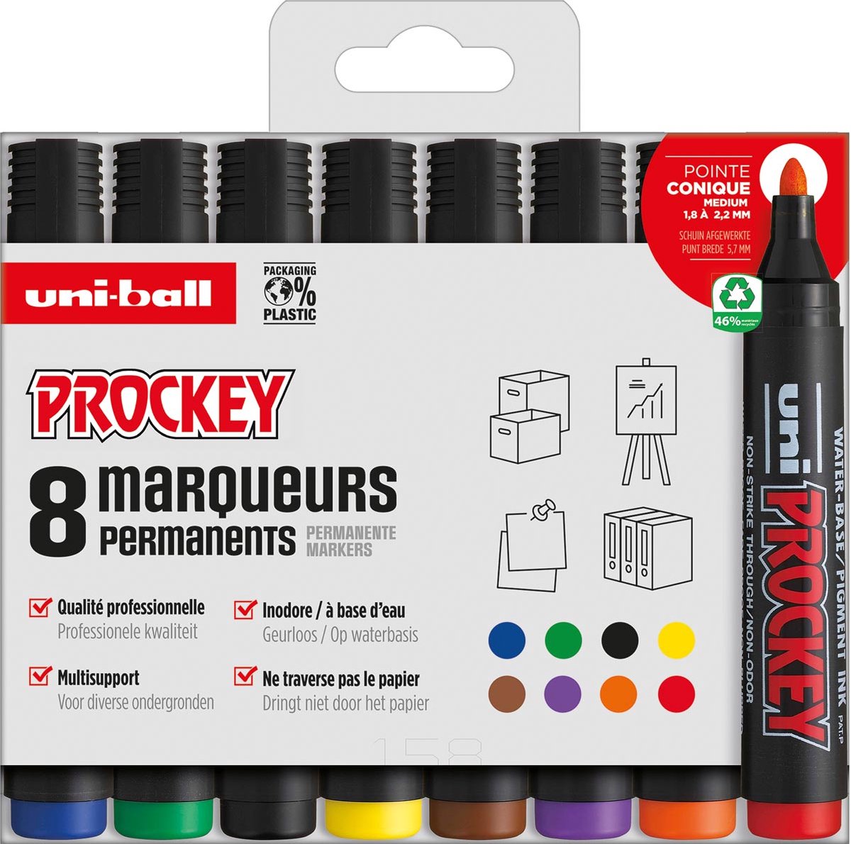 Uni PROCKEY permanent marker PM-122, etui van 8 stuks, geassorteerde kleuren