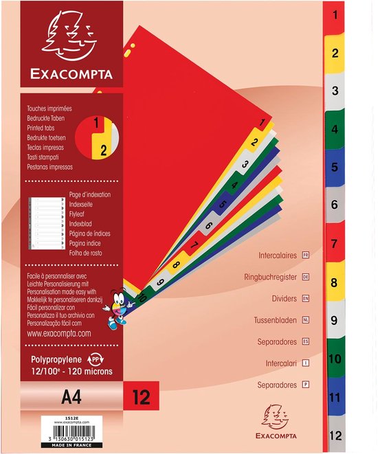 Exacompta tabbladen numeriek voor ft A4, uit PP 12/100e, 12 kleurtabs, met  indexblad, wit | bol.com