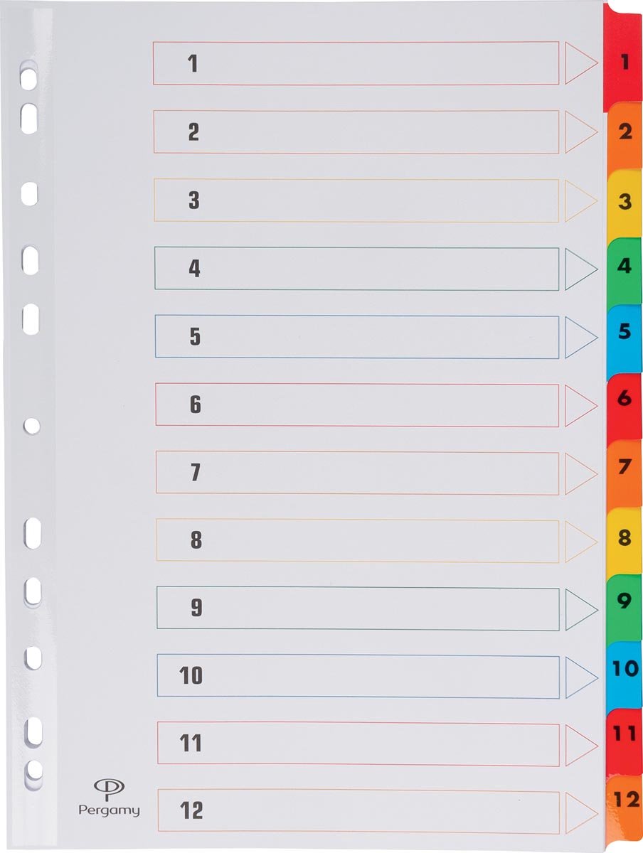 Pergamy tabbladen met indexblad, ft A4, 11-gaatsperforatie, geassorteerde kleuren, set 1-12 - Pergamy