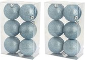 24x stuks kunststof glitter kerstballen ijsblauw 8 cm - Onbreekbare kerstballen - Kerstversiering