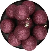 Kerstversiering set glitter kerstballen in het Aubergine roze 6 en 8 cm pakket - 30x stuks
