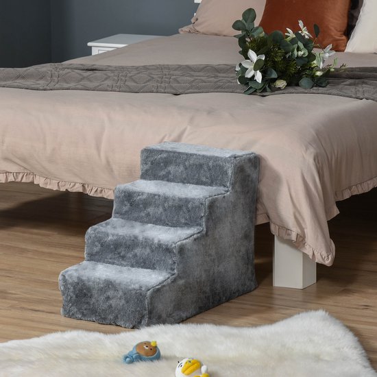 PawHut huisdierentrap, hondentrap met 4 treden, afneembare hoes, pluche, spaanplaat, 60 x 35 x 44 cm, beige