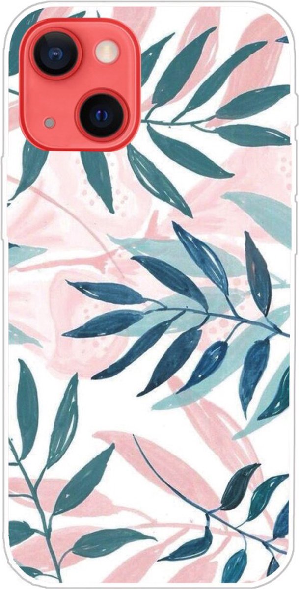 Peachy Tropical leaves TPU pastelgekleurde bladeren hoesje geschikt voor iPhone 13 mini - roze, groen en wit