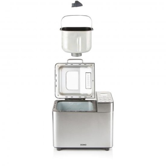 RVS broodbakmachine met uitneembare bakvorm en deksel open.