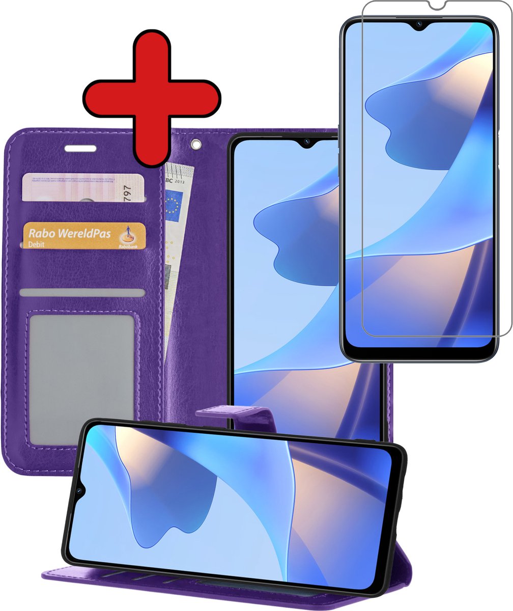 Hoesje - Met Screenprotector - Geschikt voor OPPO A16s - Luxe Pasjeshouder - Flipcase - Bookcase Portemonee - Flip Case - Kunstleer Book Case - Book Cover - Walletcase - Portemonneehoes - Telefoonhoes - Paars
