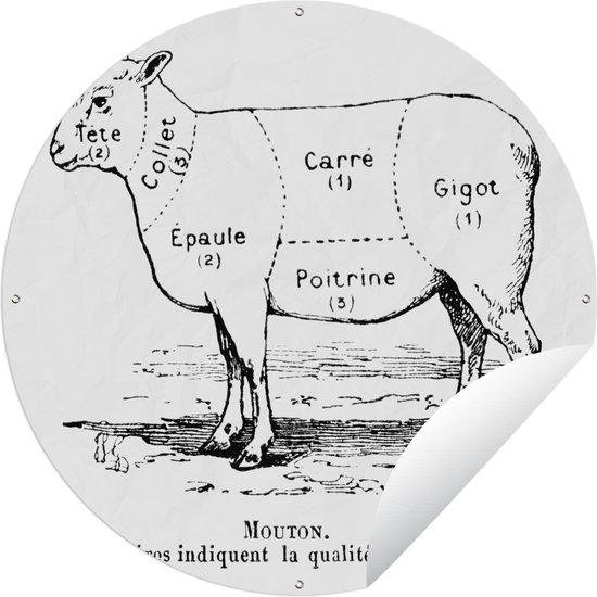 Tuincirkel Illustratie met het slagersdiagram van een schaap - 120x120 cm - Ronde Tuinposter - Buiten XXL / Groot formaat!