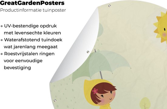 Cercle de jardin Illustration pour enfants d'une fille avec un parapluie - 60x60 cm - Poster de jardin rond - Extérieur