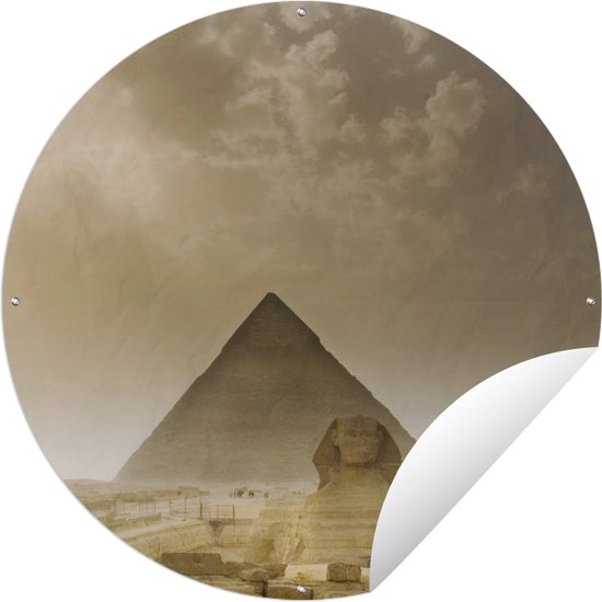 Foto: Tuincirkel sfinx in een zandstorm 90x90 cm ronde tuinposter buiten