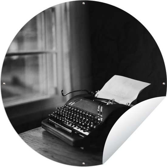 Tuincirkel Typemachine op eettafel - zwart wit - Ronde Tuinposter - Buiten