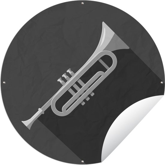 Tuincirkel Illustratie van een trompet op een grijze achtergrond - zwart wit - 60x60 cm - Ronde Tuinposter - Buiten