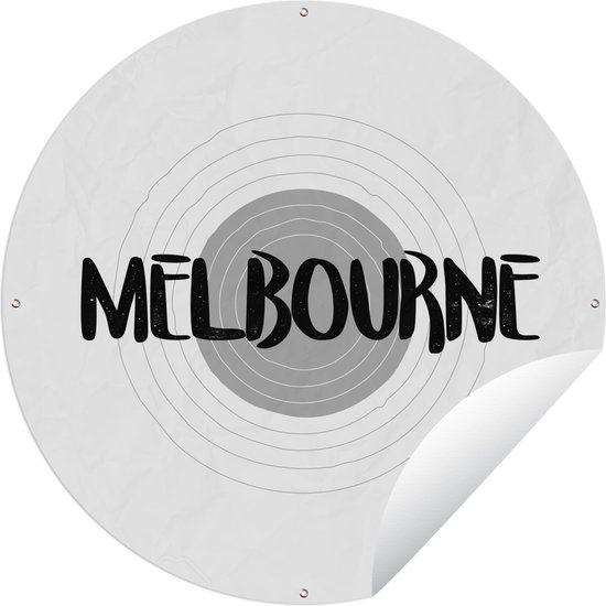 Tuincirkel tekening van Melbourne met een gele achtergrond - zwart wit - Ronde Tuinposter - Buiten
