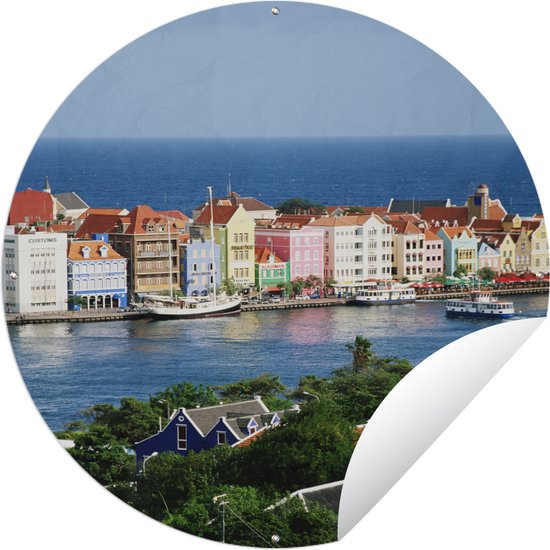 Tuincirkel Uitzicht op de huizen van Willemstad in Curaçao - 90x90 cm - Ronde Tuinposter - Buiten