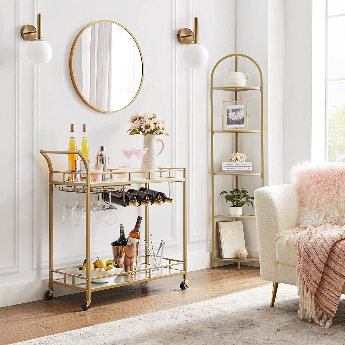 Drankenkar Gold Bar Cart on Wheels 3-Tier Serveerbar Trolley met afsluitbare wielen - Multifunctioneel rek voor keuken- en woonkameropslag, hout en metaal materiaal - wit